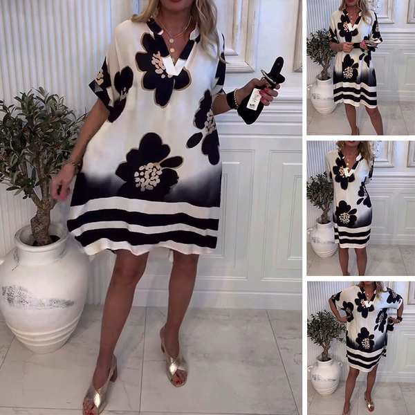 Yarina - Baskılı ve derin V Yakalı bol Elbise