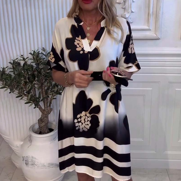 Yarina - Baskılı ve derin V Yakalı bol Elbise