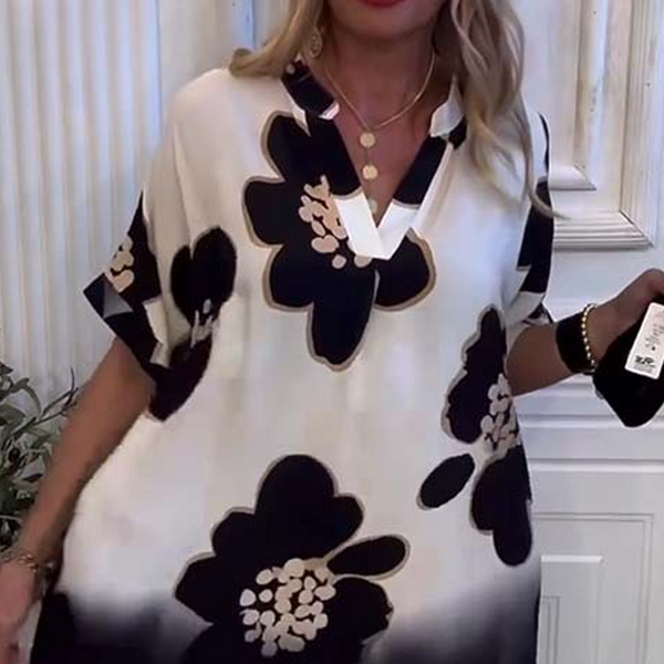 Yarina - Baskılı ve derin V Yakalı bol Elbise